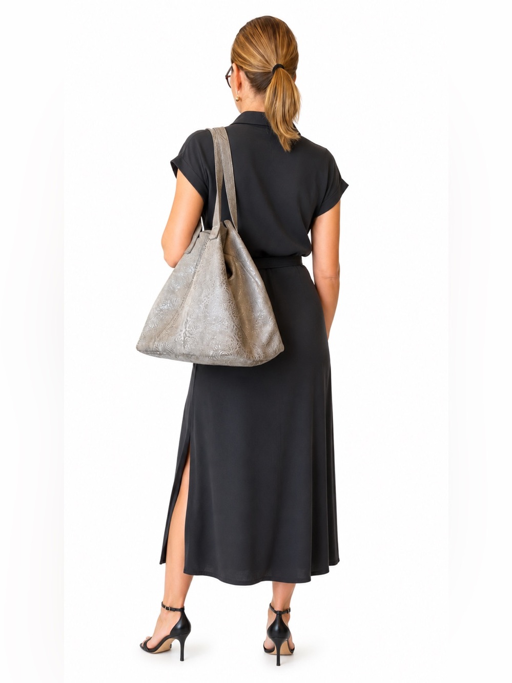 Large Metallic Floral Embossed Leather Hobo Tote Gray Silver Slouchy Silver Bag